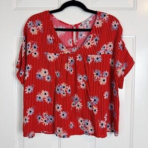 Madewell red stripe/ floral v-neck blouse size Large